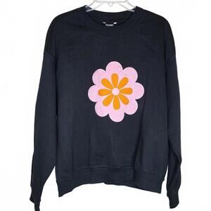 Monki Black Sweatshirt with Pink Flower Cotton Crew Neck Size M NWT